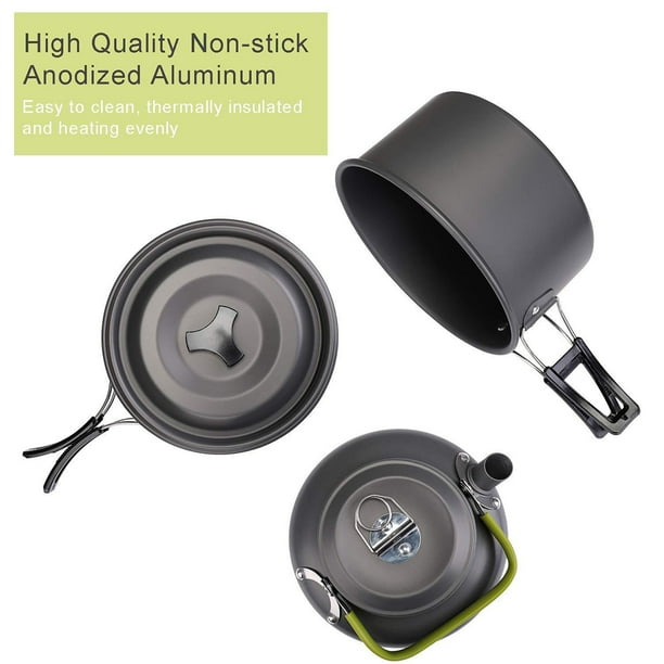 TAHAN 3-person Camper Cookset | PTT Outdoor 9Pcs 800mL Outdoor Camping Cookware Set Lightweight Compact Hiking Cooking Water Kettle Non-stick Pot Pan Cookware for 2 - 3 People
