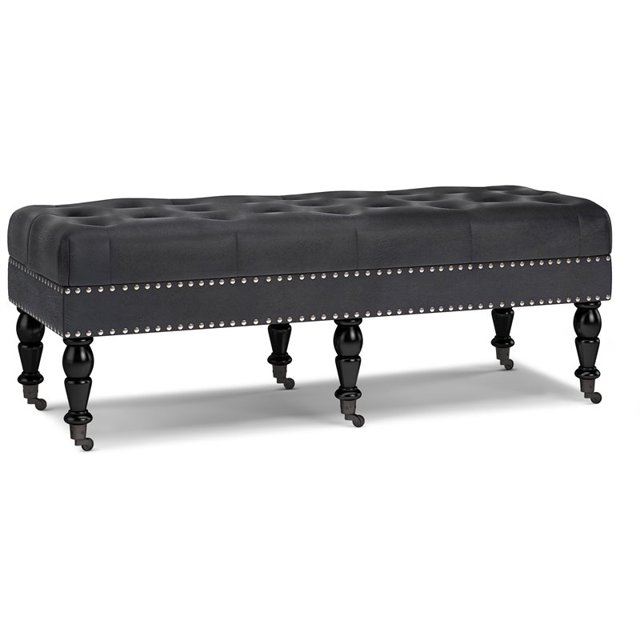 Simpli Home Henley 49" Faux Leather Tufted Ottoman Bench in Distressed Black