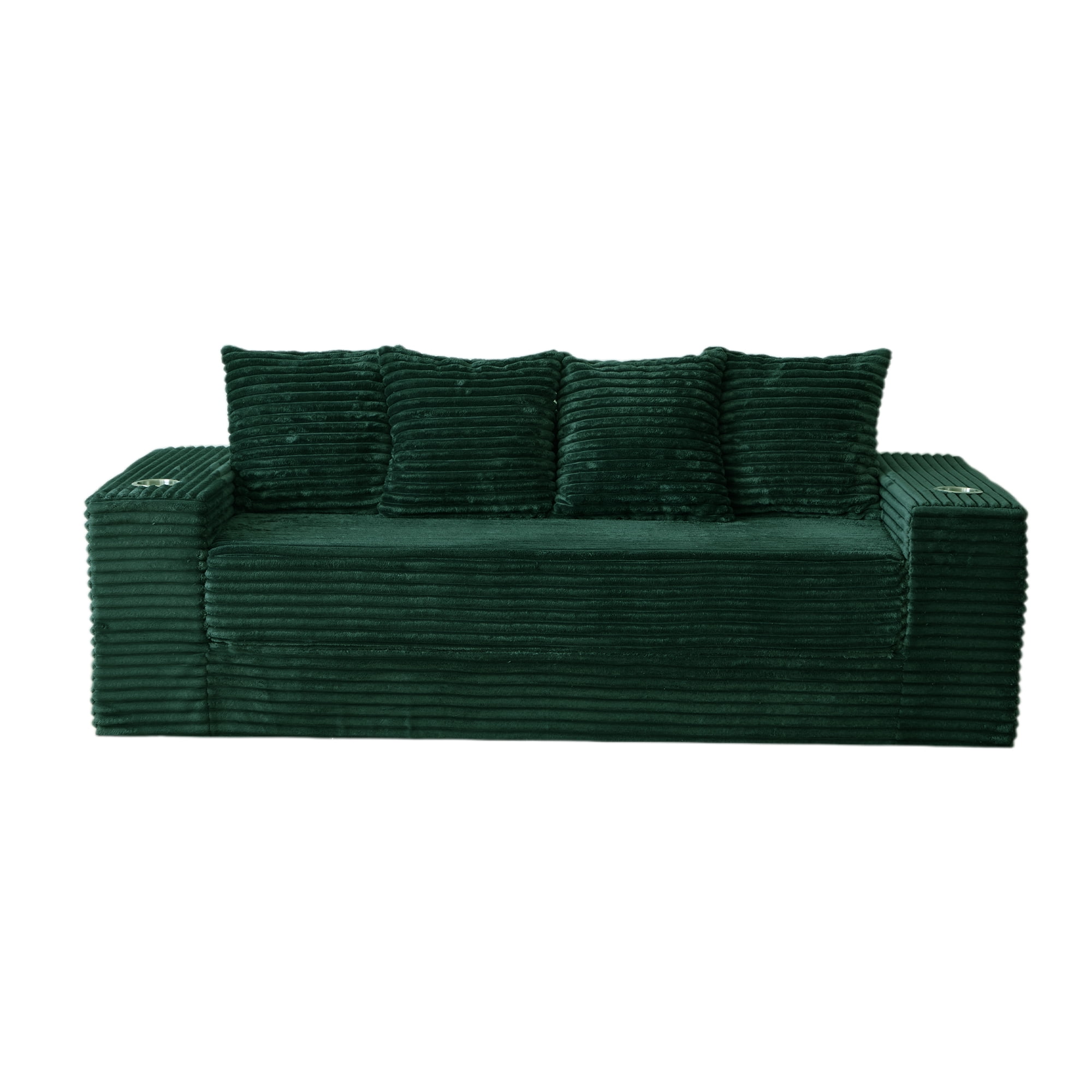 GARITIN Frameless Teddy Couch Bed 77 Inch, Boneless Corduroy Convertible Sofa with Cup Holders and Side Storage for Living Room, Green