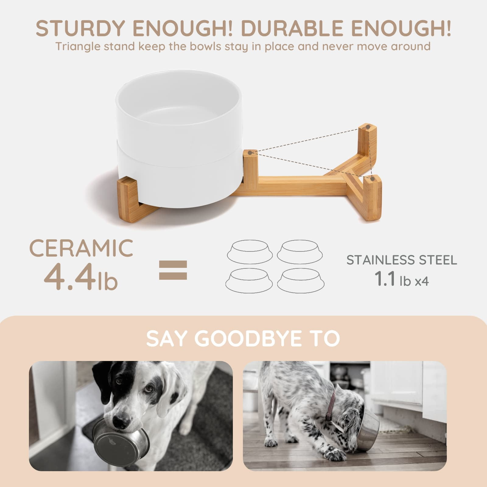 SPUNKYJUNKY Ceramic Dog and Cat Bowl Set with Wooden Stand Non-Slip Matte Glaze Weighted Food Water Set for Cat Medium Dog 28.7 OZ,White