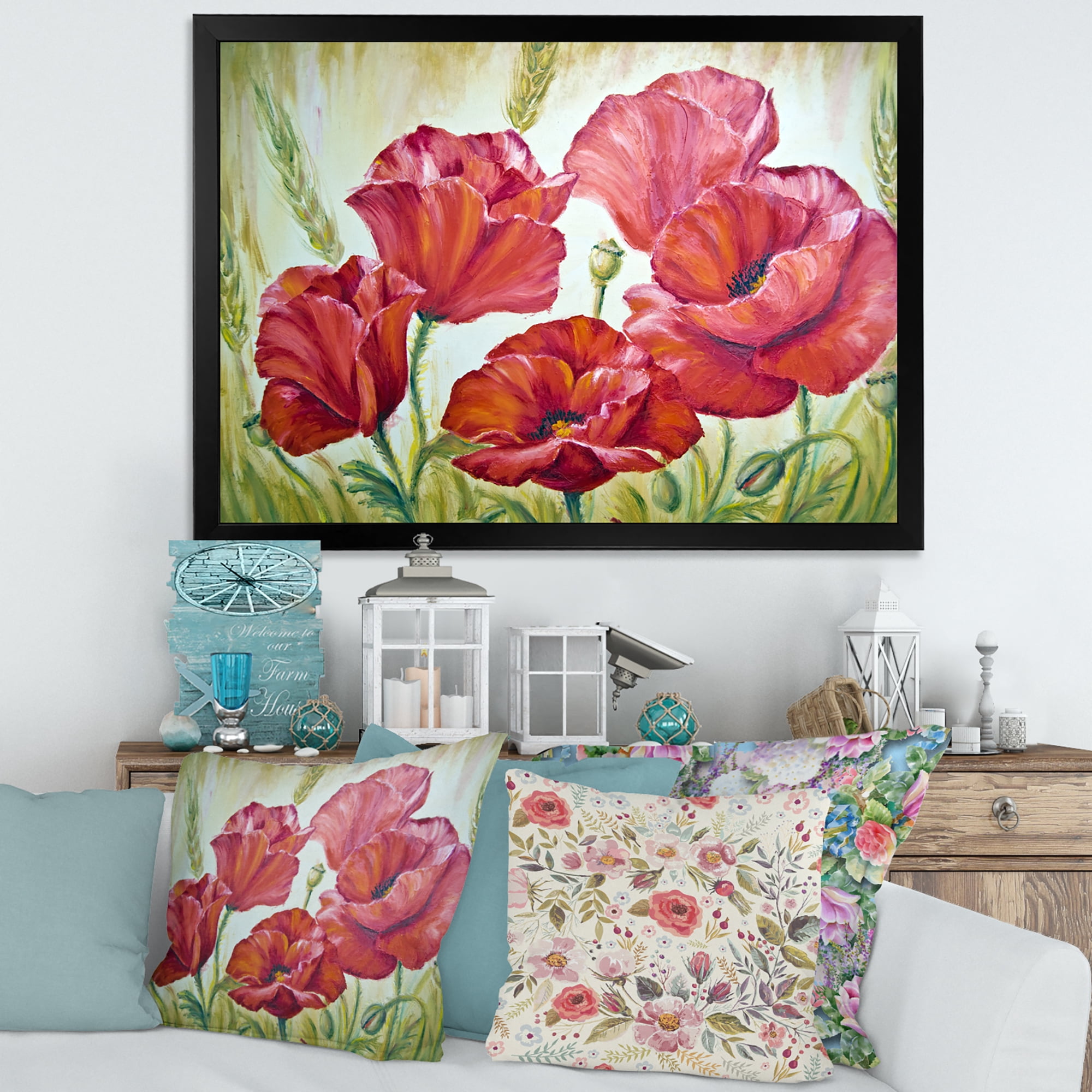 Designart 'Blossoming Red Poppies In The Morning' Traditional Framed Art Print