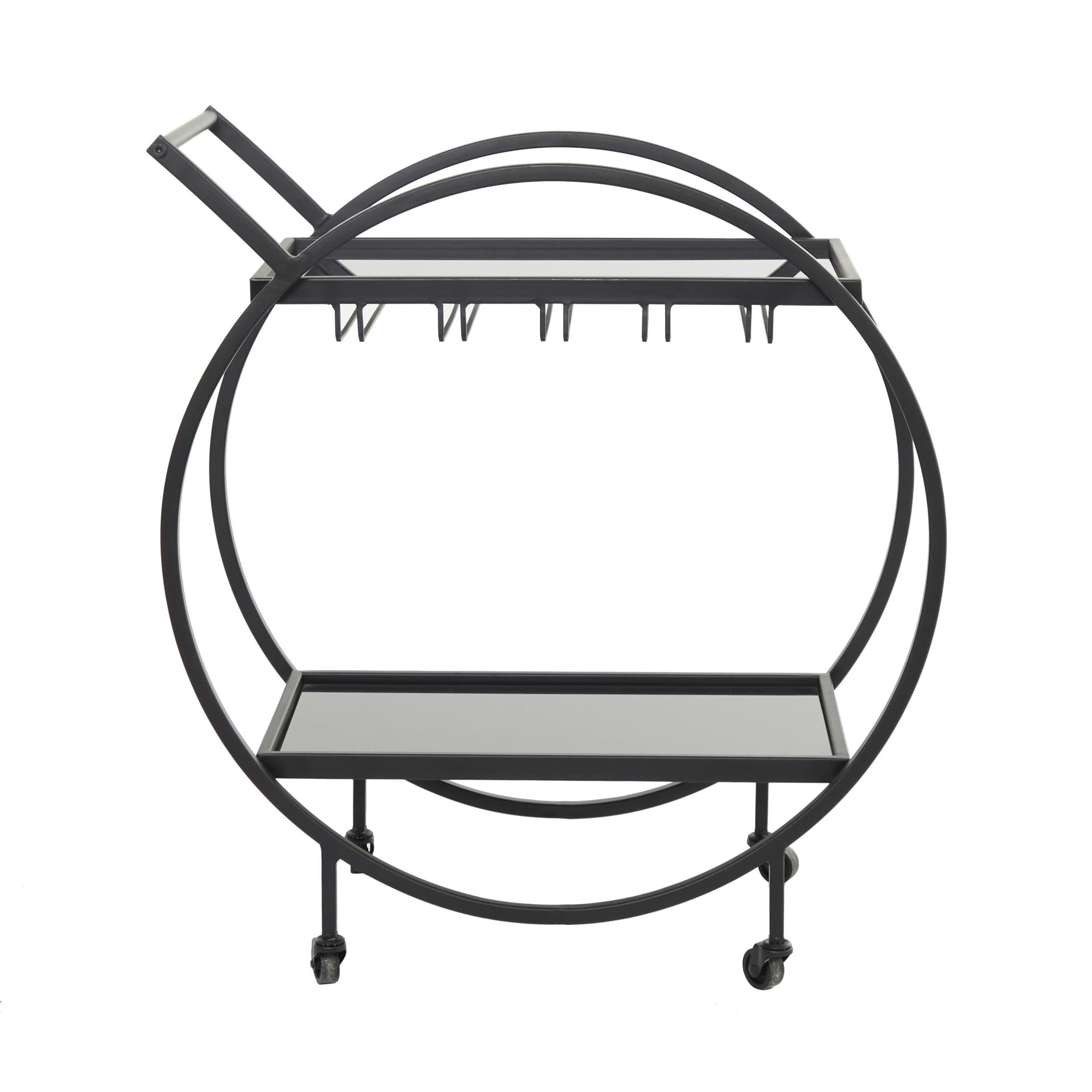 DecMode 28" x 31" Black Metal Rolling 2 Shelf Bar Cart with Wine Glass Storage and Handle, 1-Piece