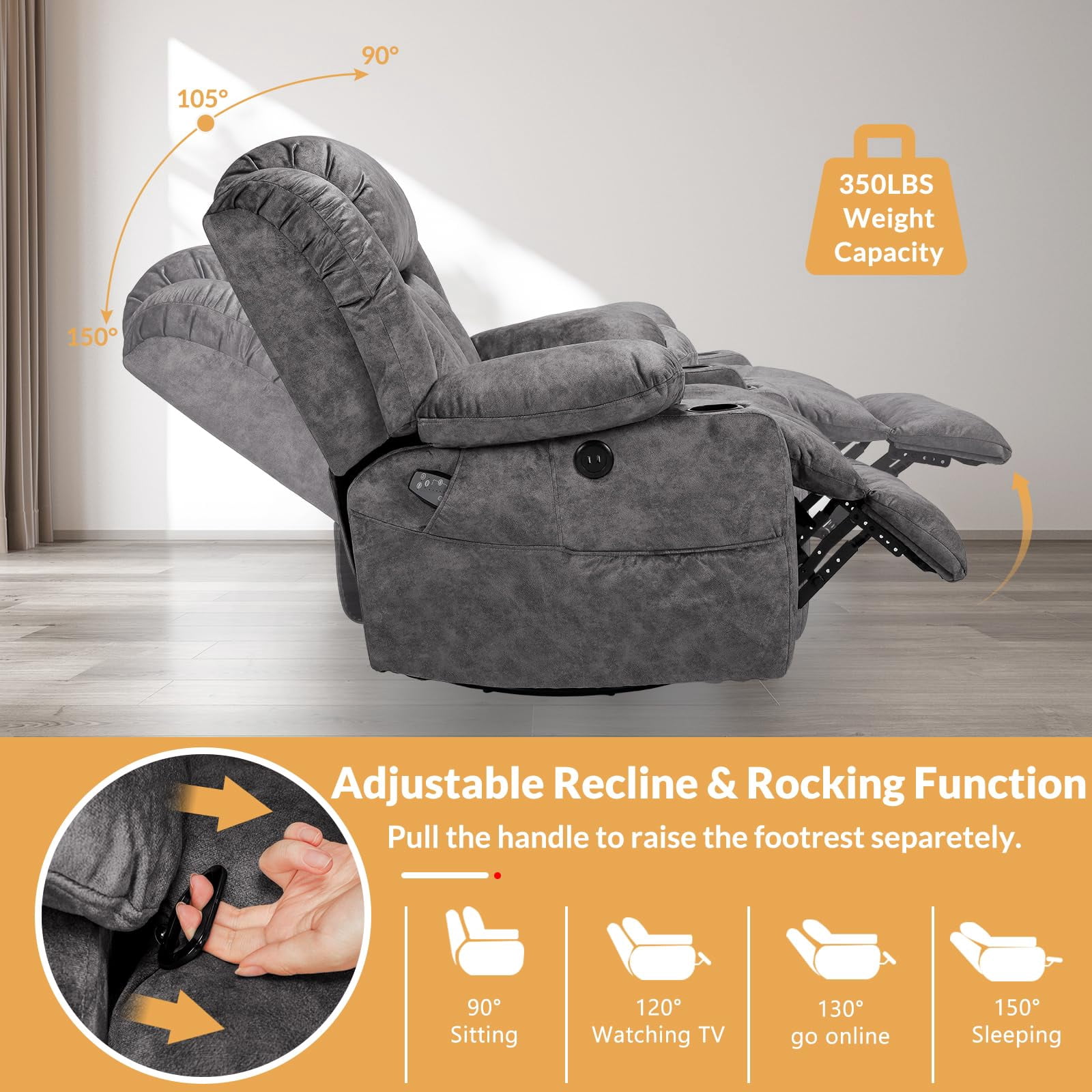 360° Swivel Glider Rocking Recliner Chair, Overstuffed Manual Massage Recliner with Heat and Vibration, Single Modern Sofa Home Seating for Living Room, USB Ports/Cup Holders (Plush-Grey)