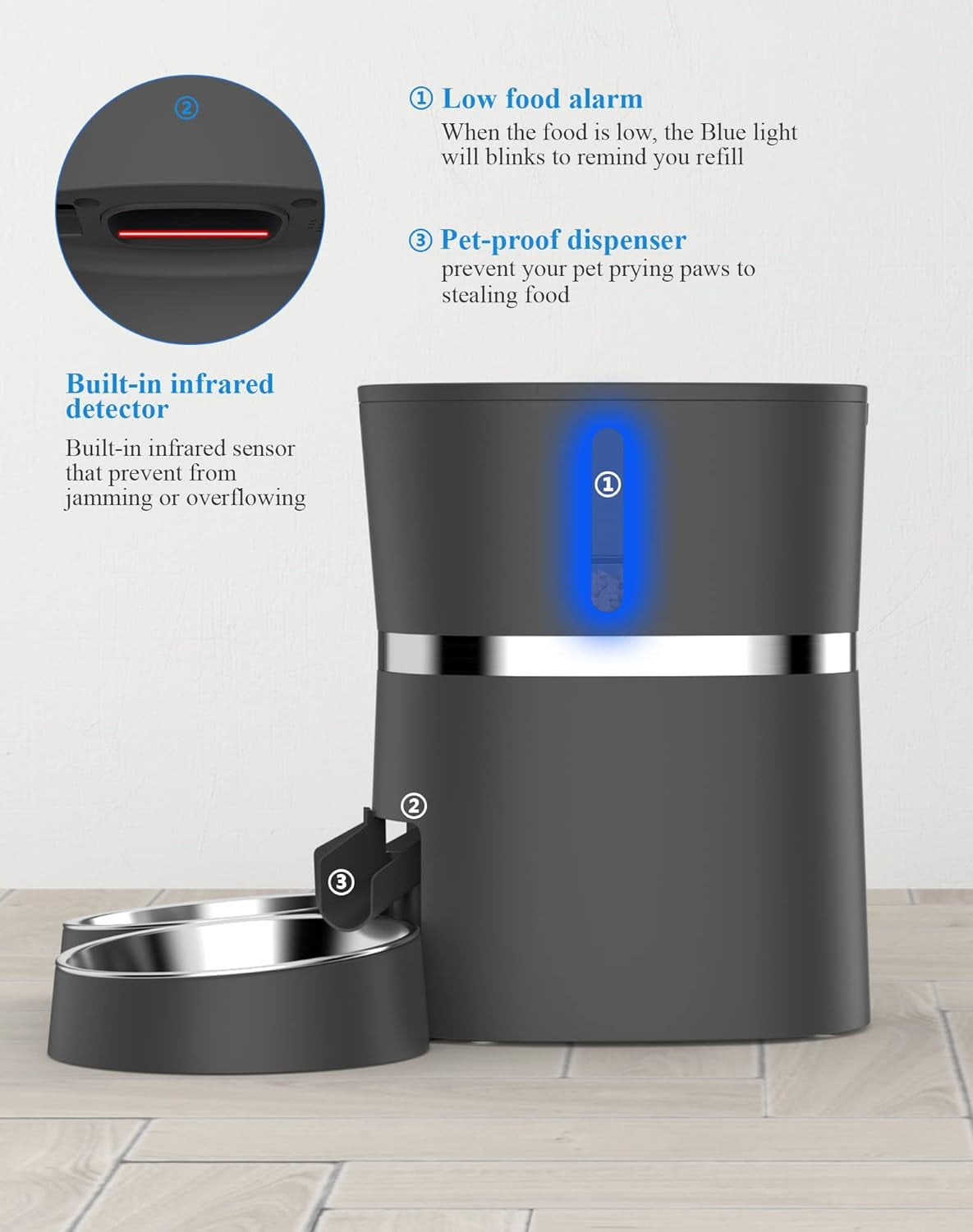 Automatic Cat Feeder, WellToBe Pet Feeder Food Dispenser for Cat & Small Dog with Two-Way Splitter and Double Bowls, up to 6 Meals with Portion Control, Voice Recorder - Battery and Plug-in Power