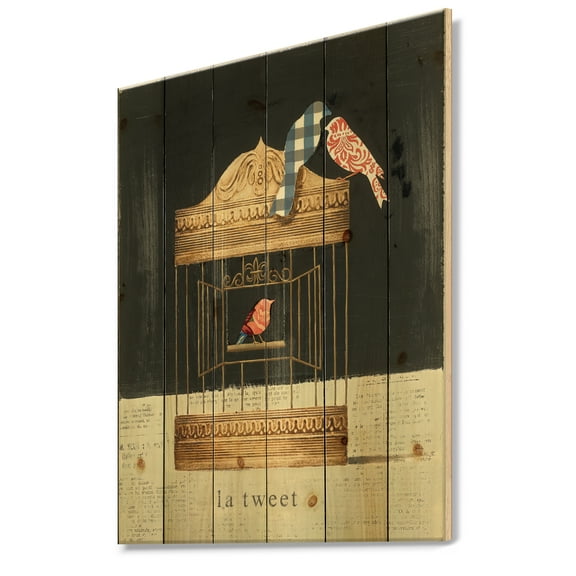 Designart 'Abstract Birds and Tweet Gold Birdcage Collage' Traditional Print on Natural Pine Wood