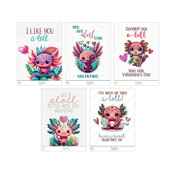 Silly Goose Gifts Axolotl Watercolor Themed Valentines Day Card for Kids School Classroom Exchange (Set of 25)