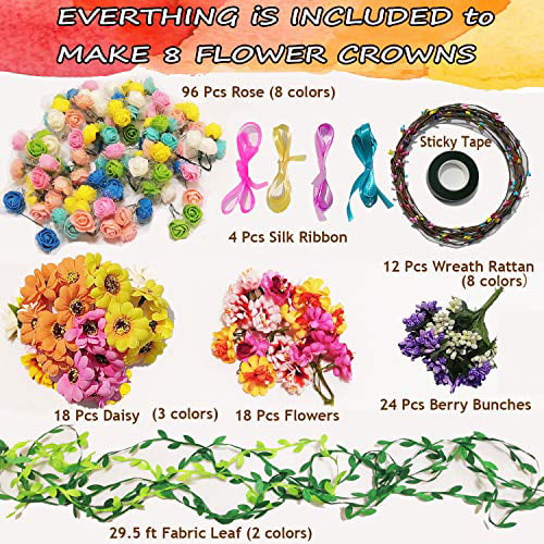 Flower Crowns Craft Kit, Make Your Own 12 PCs Flower Crowns Garland  Handmade Arts and Crafts for Kids, DIY Fairy Flower Headbands and Bracelets, Hair Accessories Gift for Girls/Teens/Women 