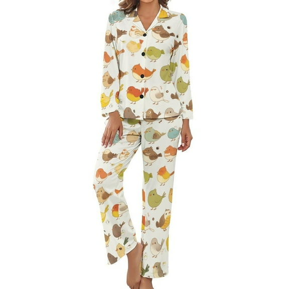 Cute Bird Cartoon Women's Long Sleeve Flannel Pajama Set Sleepwear L