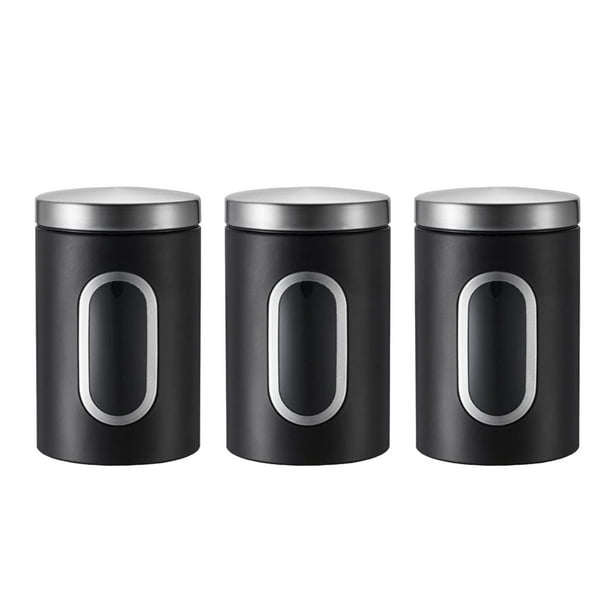 3 recipientes de acero inoxidable para almacenamiento de cocina, té, café y azúcar. Negro