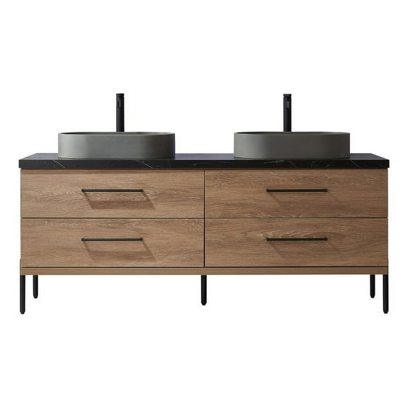 Trento 72" Double Sink Bath Vanity in North American Oak w/ Black Sintered Stone
