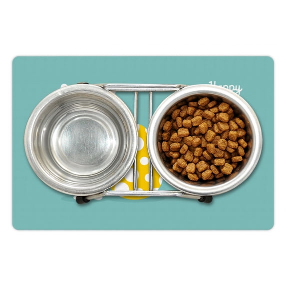 Easter Bunny Pet Mat for Food and Water, Illustration of Easter Rabbit Holding a Dyed Egg, Non-Slip Rubber Mat for Dogs and Cats, 18" X 12", by Ambesonne