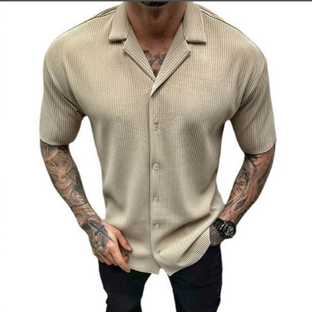 

KDJ Mens Leisure Solid Ribbed Lapel Button Short Sleeve Shirts Summer Fashion Tops
