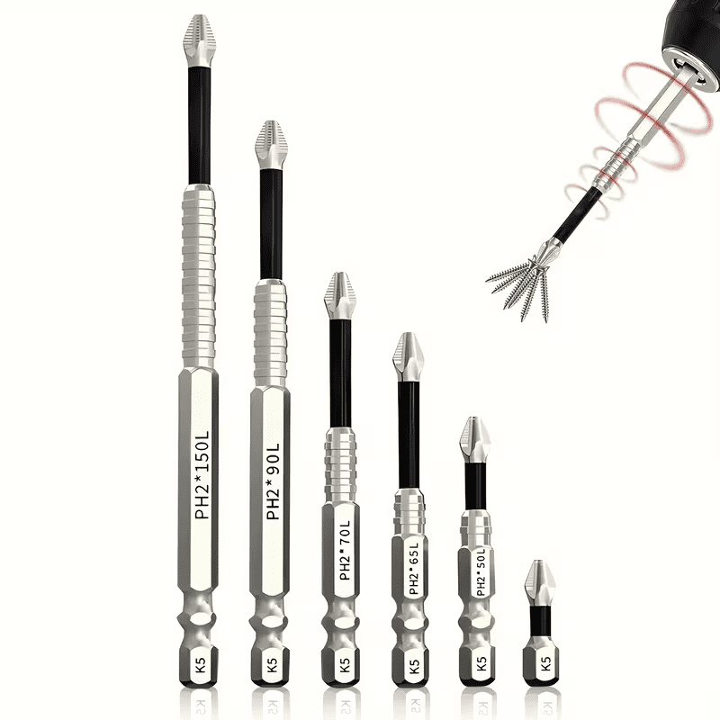 K5 Strong Magnetic Anti-Slip Phillips Screwdriver Bit Set - 6-Piece Set with Multiple Sizes (PH2) Electric Screwdriver Bits, Slim Waist Impact-Resistant Drill Bits, Home Repair & DIY Tools