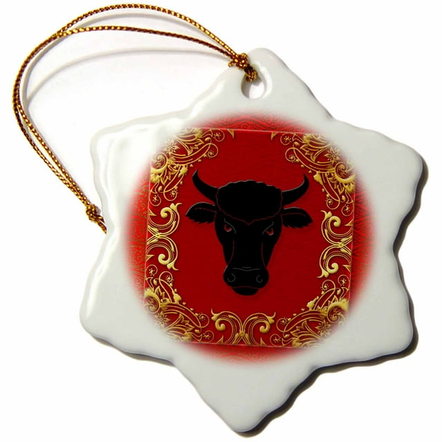 3dRose Chinese Zodiac Year of the Ox Multi-color Porcelain Holiday Decorative Accent Snowflake Ornament, 3"