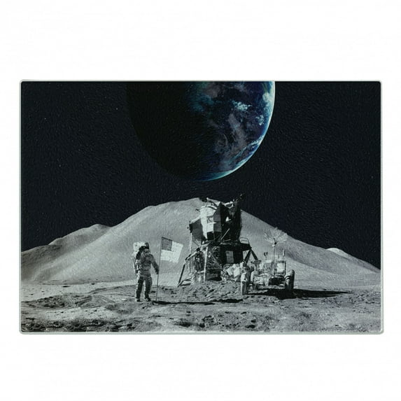 Outer Space Cutting Board, Moon US Spaceman Launching on the Exploring Dark Matter Orbit Lunar Design, Decorative Tempered Glass Cutting and Serving Board, Small Size, Grey and Blue, by Ambesonne