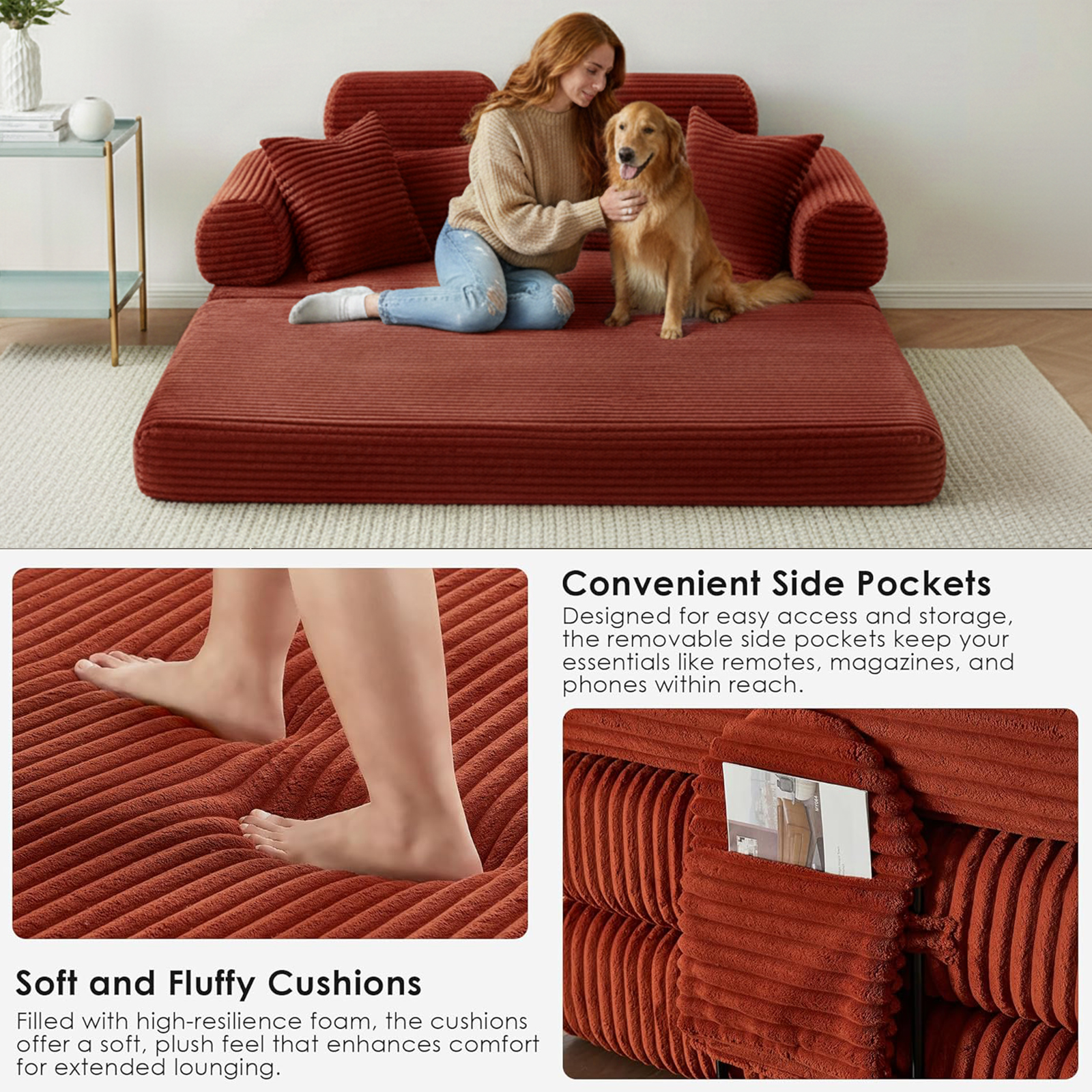 Xiweot Cloud Sectional Couch for Living Room, Memory Foam Sectional Sofa with Deep Seat, Corduroy Floor Mattress Couch, No Assembly Required (Orange)