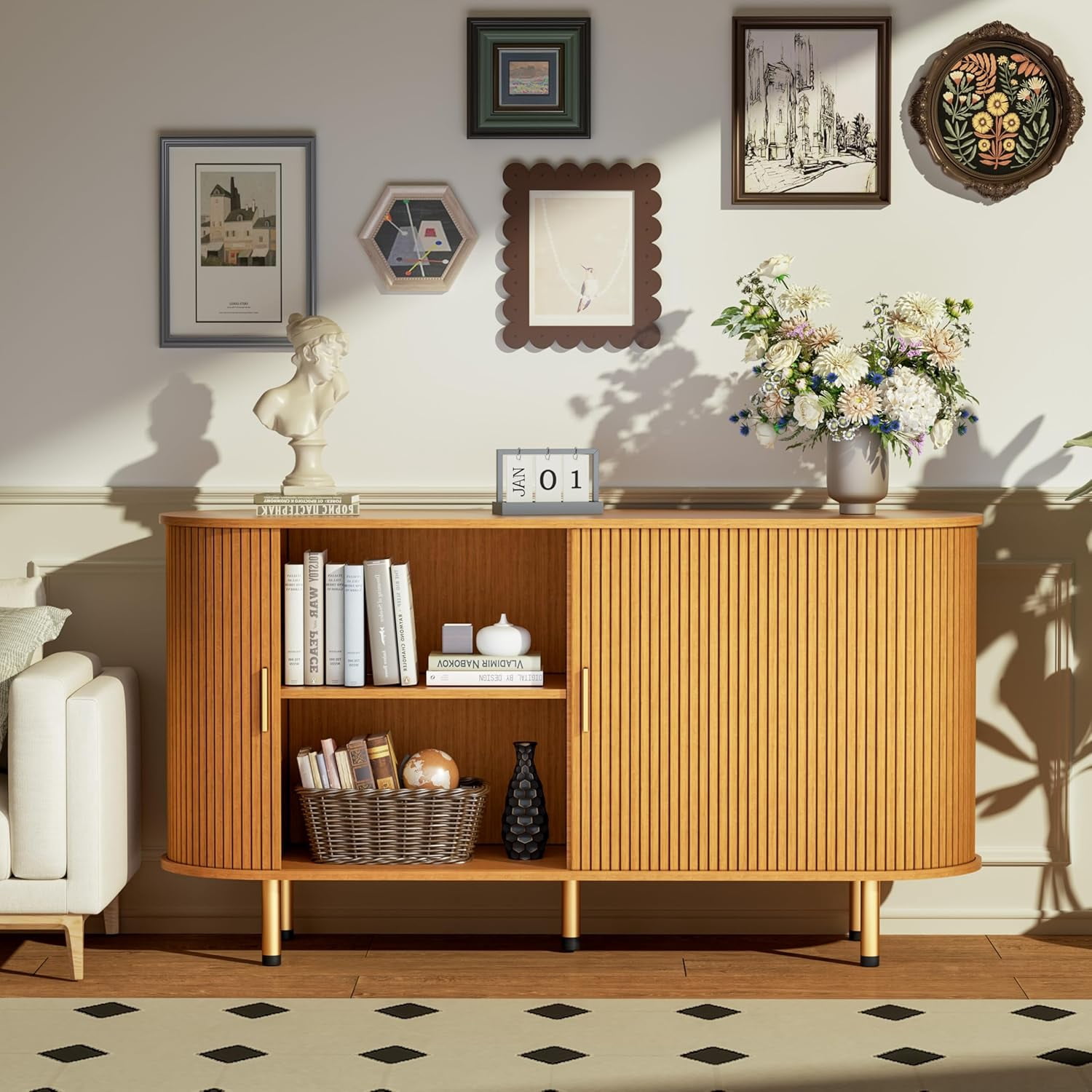 TiramisuBest Sideboard Buffet Cabinet with Storage, 55" Storage Cabinet with Fluted Tambour Sliding Doors & Adjustable Shelf for Entryway, Kitchen, Home Bar (Yellow Walnut)