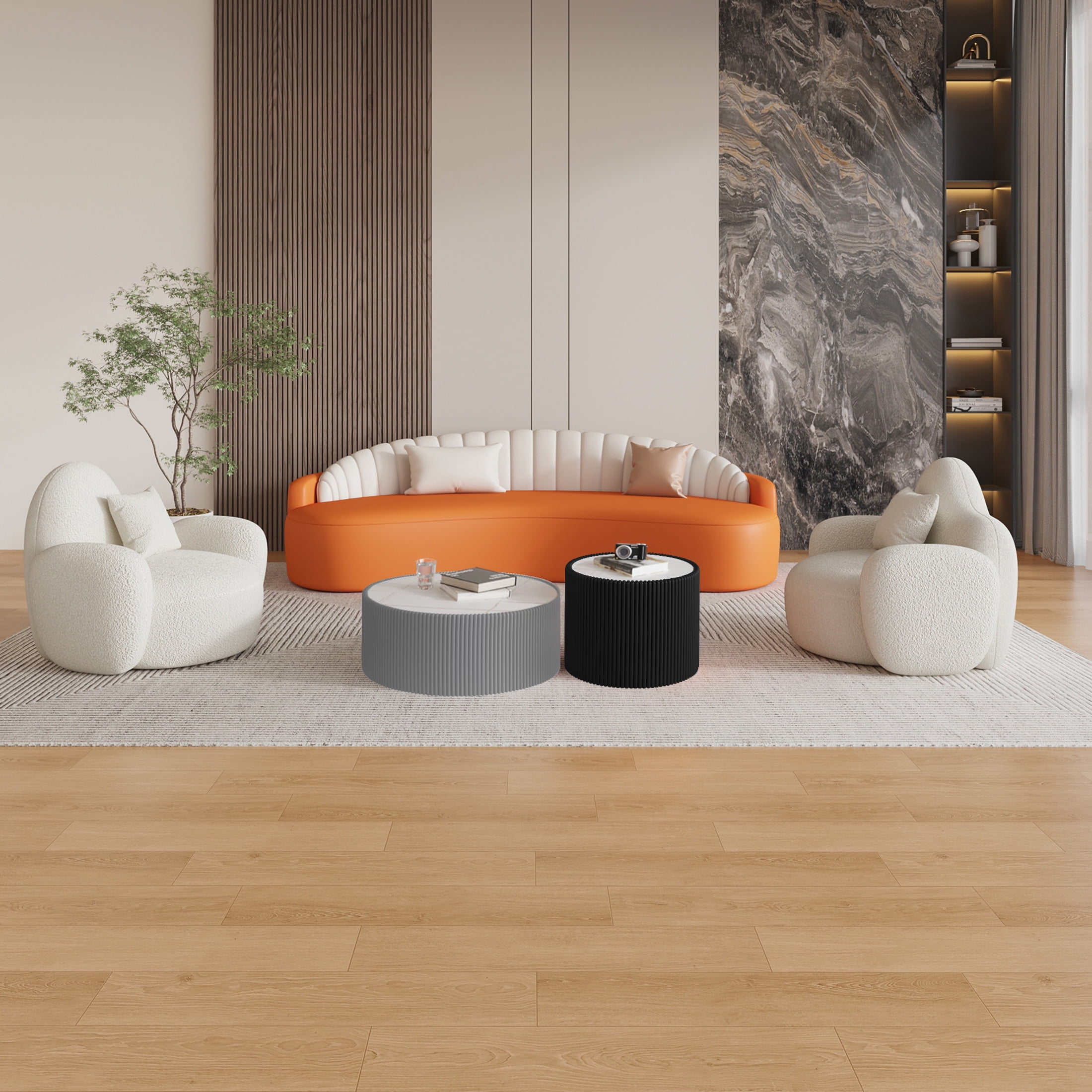 Noble House Halvion 29" Cylinder Sintered Stone Coffee Table with Leather Wrapped Frame, Modern Sofa Table, Gray