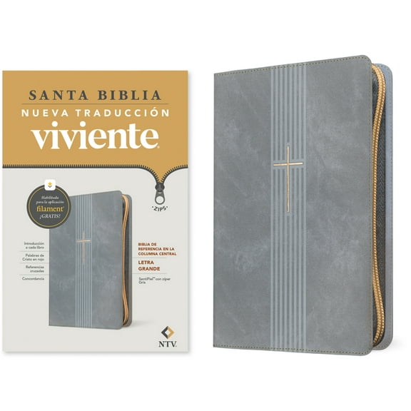 Biblia de Referencia En La Columna Central Ntv, Letra Grande de ZÃper Con Filament (Sentipiel, Gris, Letra Roja), (Hardcover)