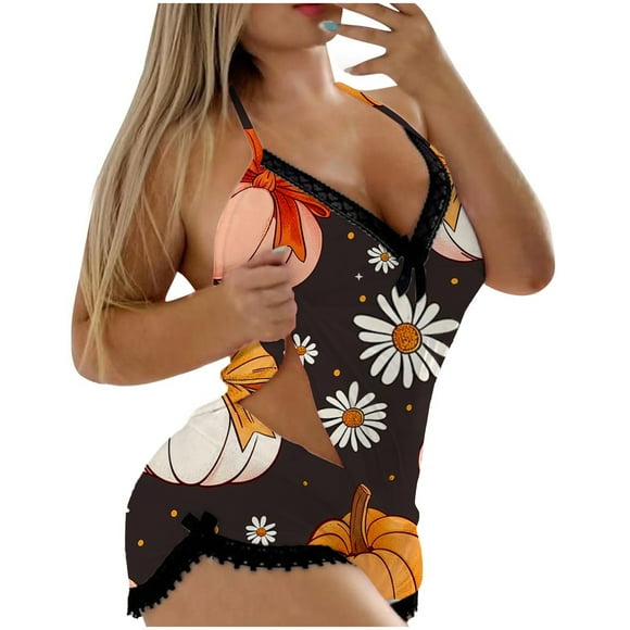 Gaexia Ensemble de Sommeil Aguichant d'Halloween pour Femmes Camisole et Short en Dentelle Dos Nu avec Garniture Lingerie Confortable Pyjama,m,Noir