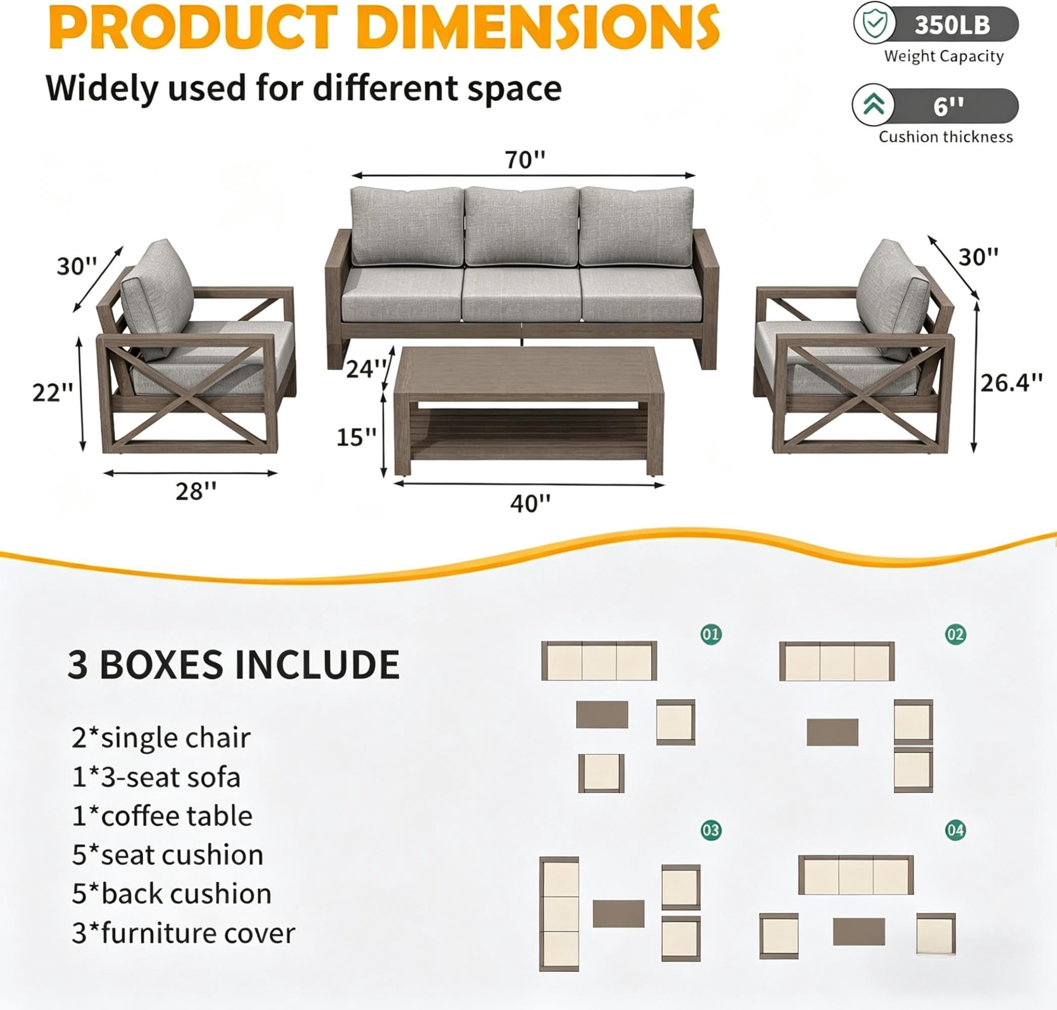 ELPOSUN Aluminum Outdoor Patio Furniture Set,6-Pieces Modern Metal Outdoor Furniture, Faux Wood Grain Finish Frame Patio Conversation Sofa Sets with 6"Thick Cushion for Porch,Backyard,Deck,Biege