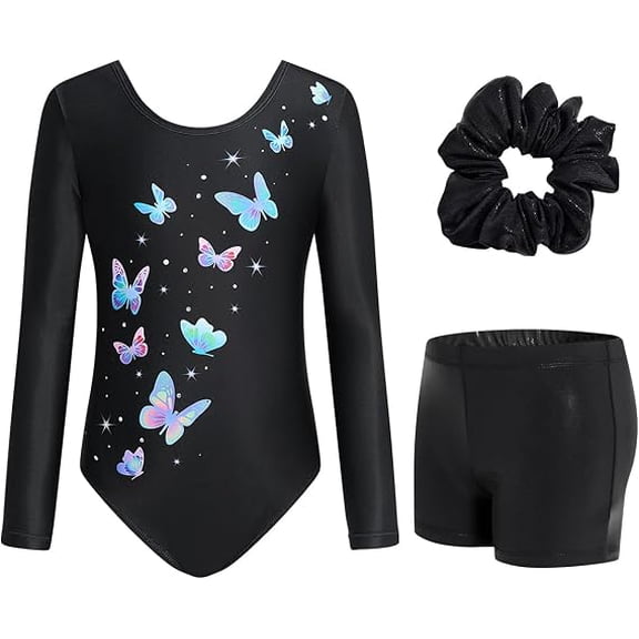 Leotards for Girls Gymnastics, Long Sleeve Sparkly Lively Butterfly Print Dance Biketards with Shorts Ballet Tumbling Outfit for 5-10 Years