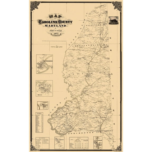 Historic County Map - Caroline County Maryland - Isler 1875 - 23 x 37.13 - Vintage Wall Art