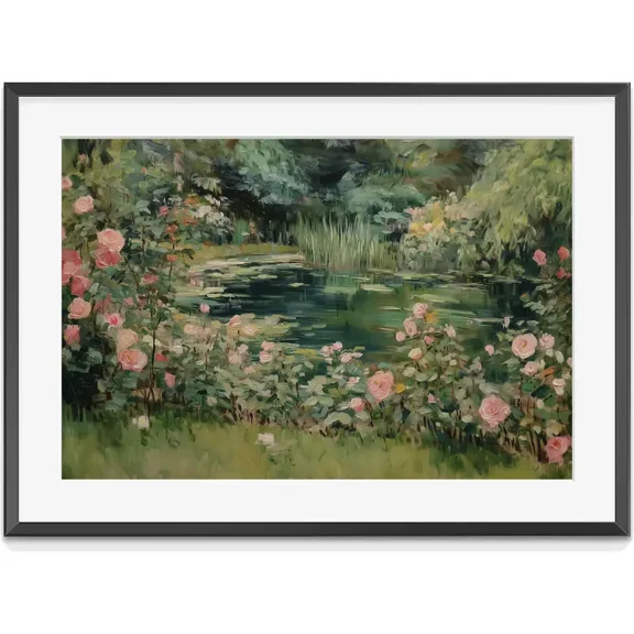 Vintage Garden Pond Oil Painting, Traditional Abstract Art Print, Botanical Landscape, Matte Canvas Stretched, Posters for Room Bedroom Living Room Bathroom Wall Decor, Posters & Art Prints, Gift.