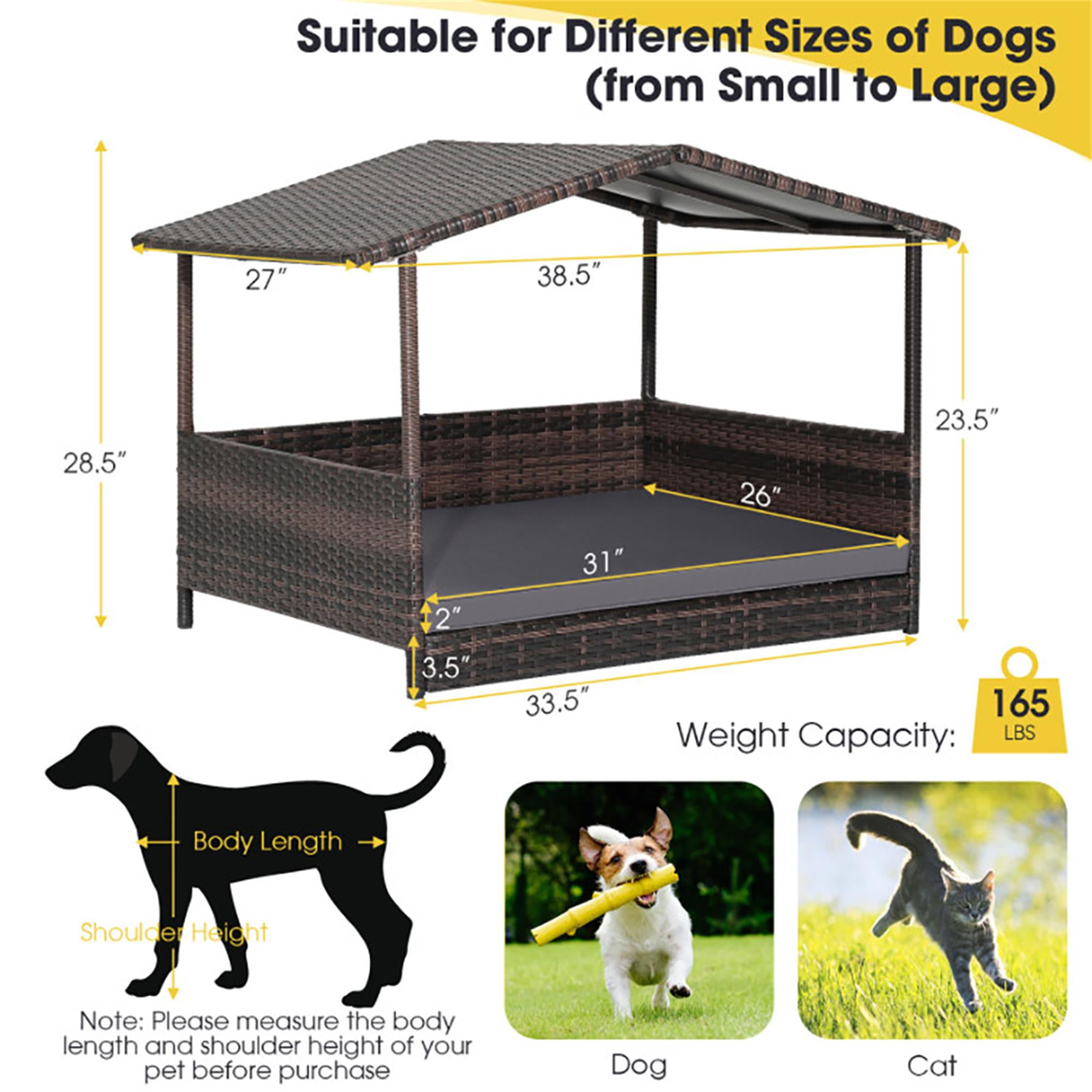 Kadyn 38" Pet Dog Bed Furniture with Provide Pet Mat, Outdoor PE Wicker Dog House for Cat and Dog with Waterproof Roof Kennel, Brown+Gray