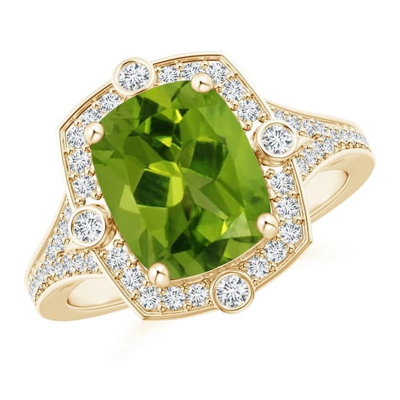 ANGARA Natural Inspired Cushion 2.9 ct Peridot Ring with Diamond Halo in 14K Yellow Gold for Women (Size-10x8mm) | August Birthstone, Anniversary, Jewelry Gift for Women | Natural Peridot Ring
