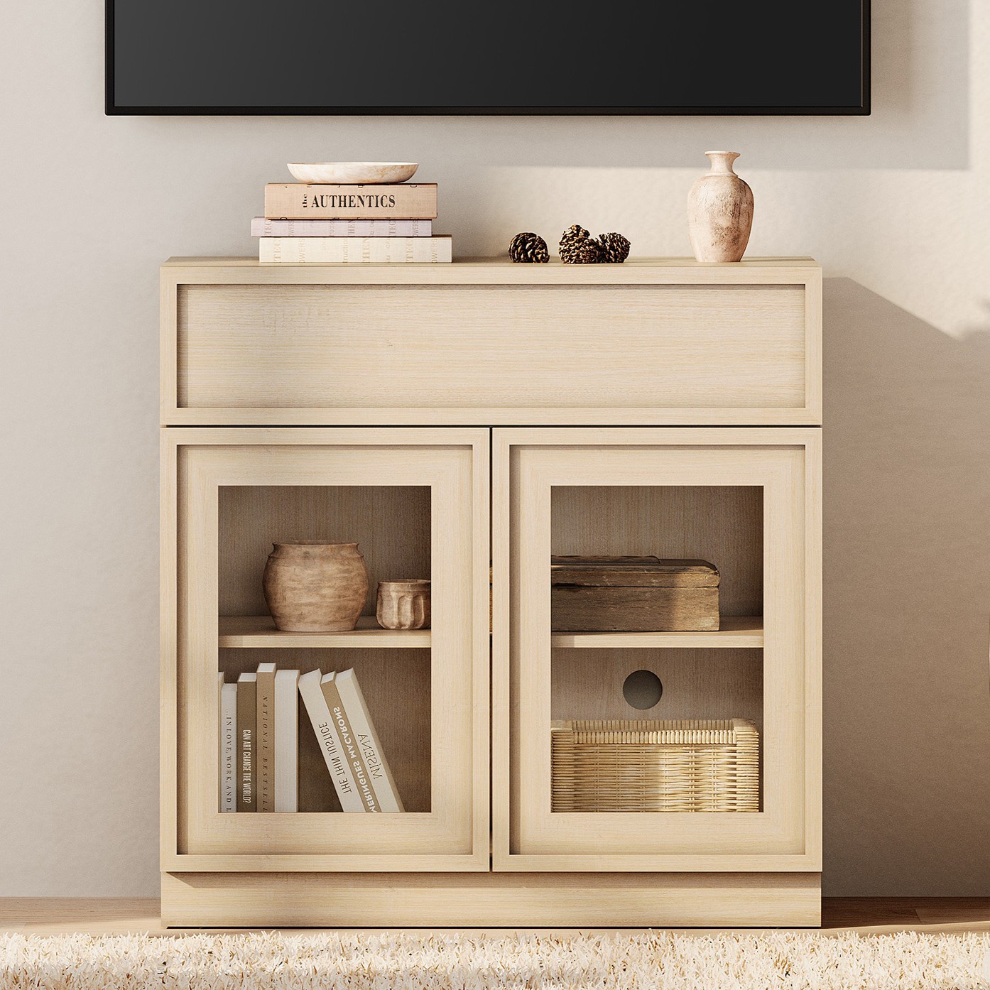 WAMPAT Modern TV Stand for TVs Up to 40", Wooden Entertainment Center TV Console with 2 Glass Doors and Drawer, Media Console Cabinet with Adjustable Shelf for Living Room, Bedroom, Beige