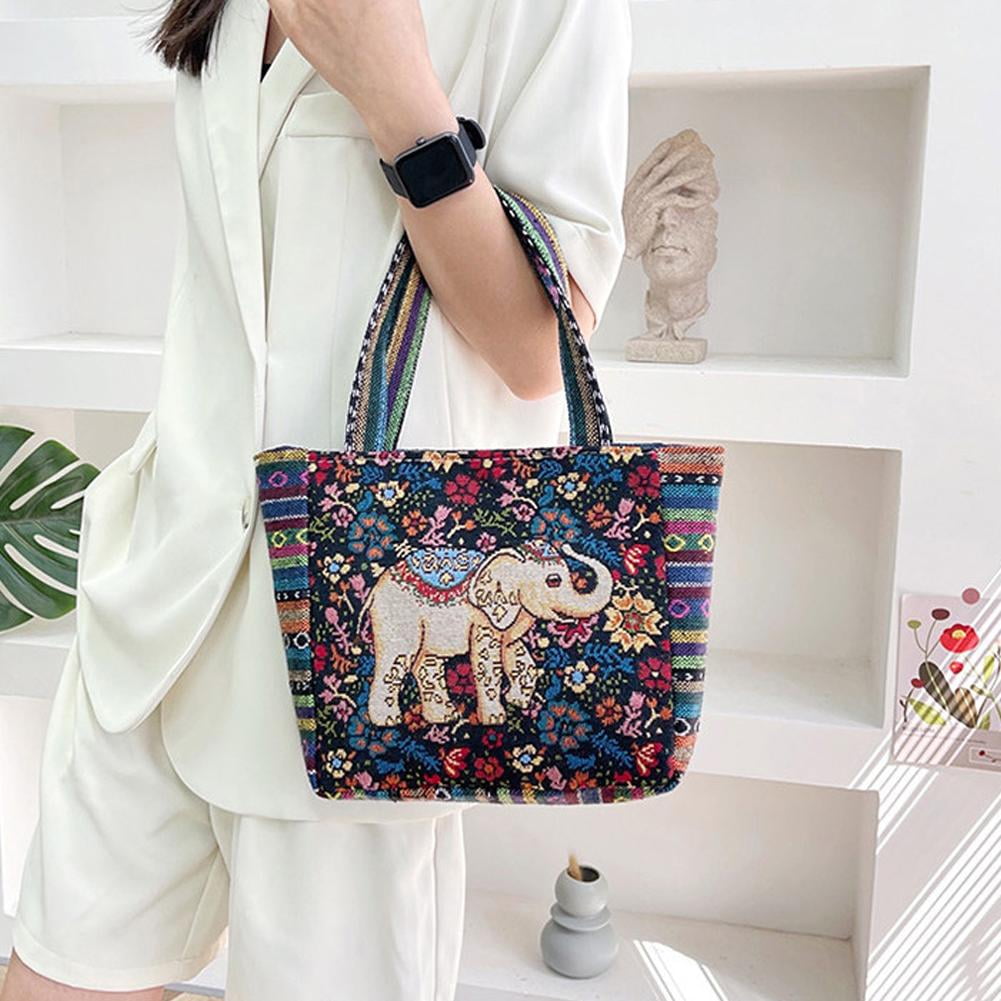 QHUDLV Flower Elephant 23x25x8 Chinese Style Embroidery Woven Ladies Hand Held Tote Bag National Style Elephant Middle Aged Mother Handbag Small