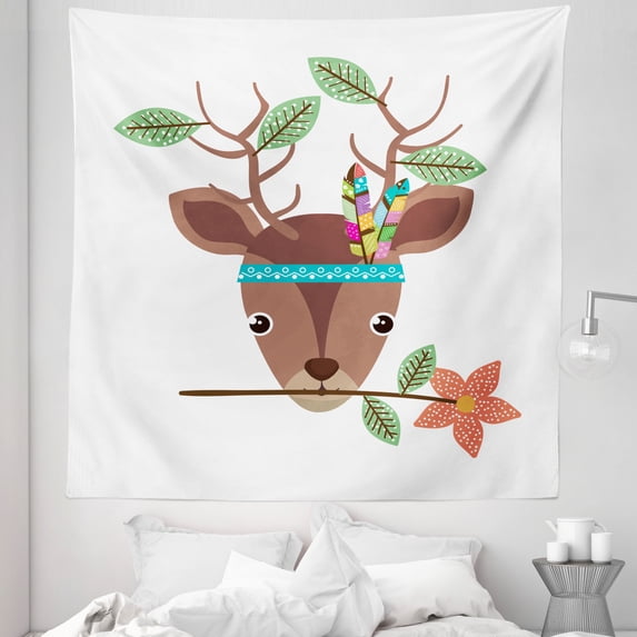 Hippie Tree Tapestry, Bohemian Reindeer Happy Face Free-Spirited Leaves and Flower Art, Fabric Wall Hanging Decor for Bedroom Living Room Dorm, 5 Sizes, White and Multicolor, by Ambesonne