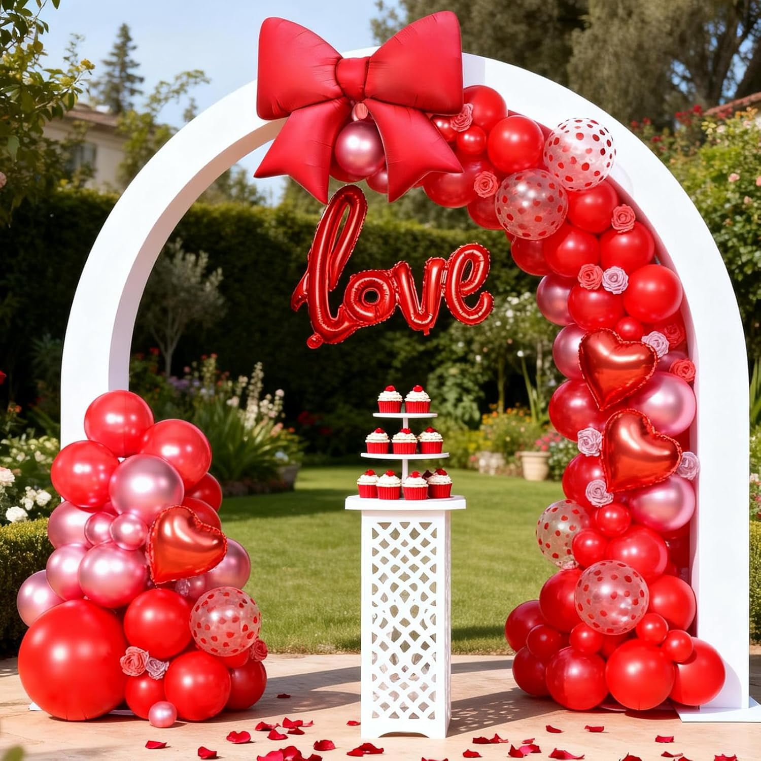 Red Balloons Arch Kit, Metallic Red Pearl Balloon Garland Arch, Heart Confetti Balloons Bow Heart Love Foil Balloon For Valentine's Day Birthday Party Wedding Engagement Decor