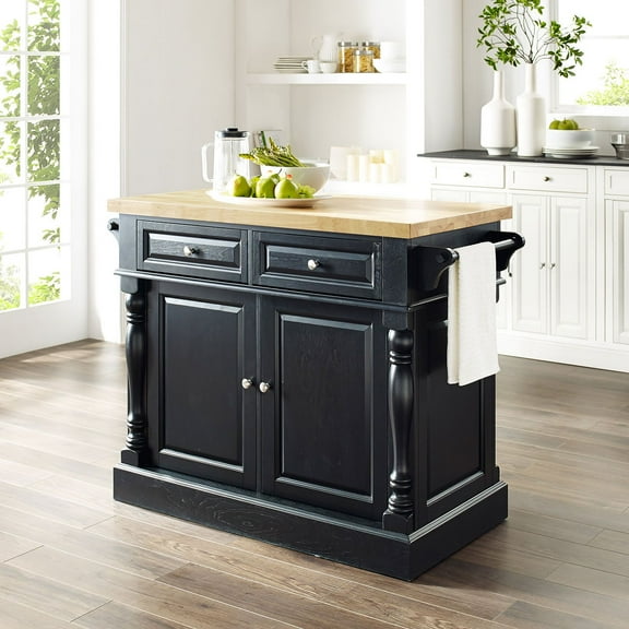 Crosley Furniture Oxford Butcher Block Kitchen Island with Microwave Stand, Storage Shelves, and Drawers