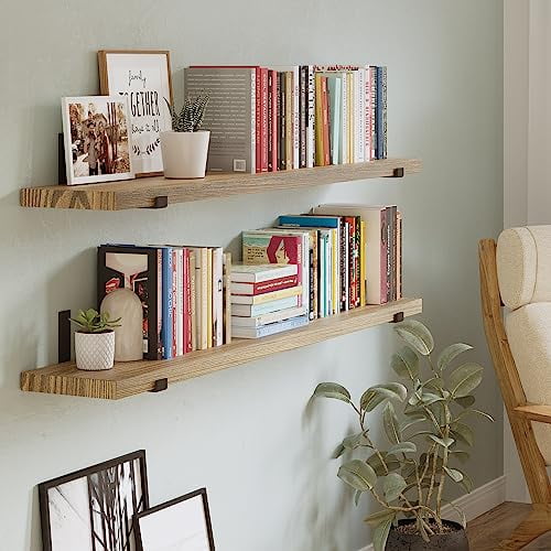 Wallniture Forte 60"x9.5" Floating Shelves for Wall Storage, Wall Bookshelf, Shelves for Kitchen, Pantry Floating Shelf Wood Set of 2, Burnt Heavy Duty Brackets with 1.5" Thick Boa