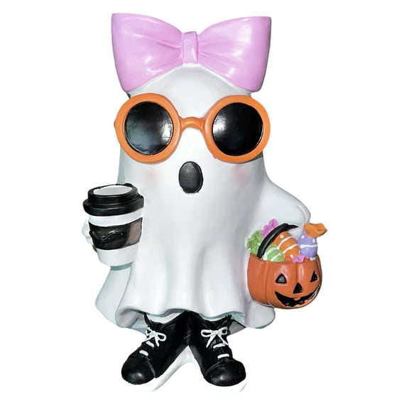 Pink Bow Ghost Figurine Halloween Decor, Indoor Home Tabletop Haunted House Trick Or Treat Spooky Party Vibe, Weatherproof Reusable Craftsmanship Display For Holiday Family Guests Gift