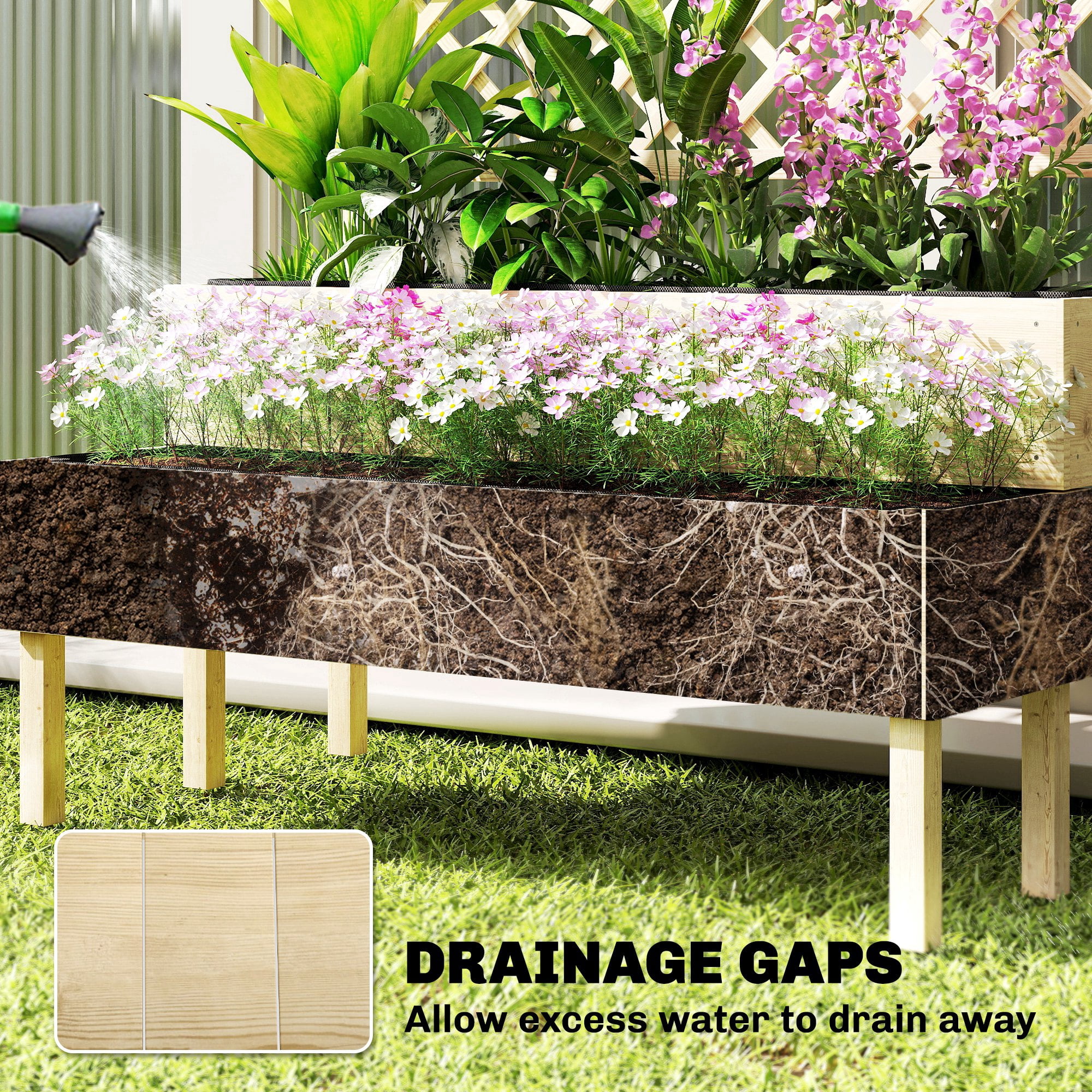 Outsunny 2-Tier Raised Garden Bed with Trellis, Elevated Planter Box for Climbing Plants, Natural