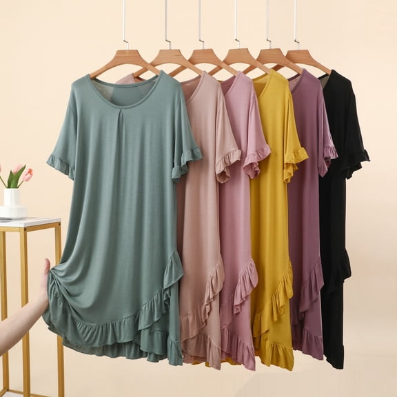 Asxite Womens Pajamas Solid Crew Neck Short Sleeve Ruffle Hem Rayon Nightgown Loose