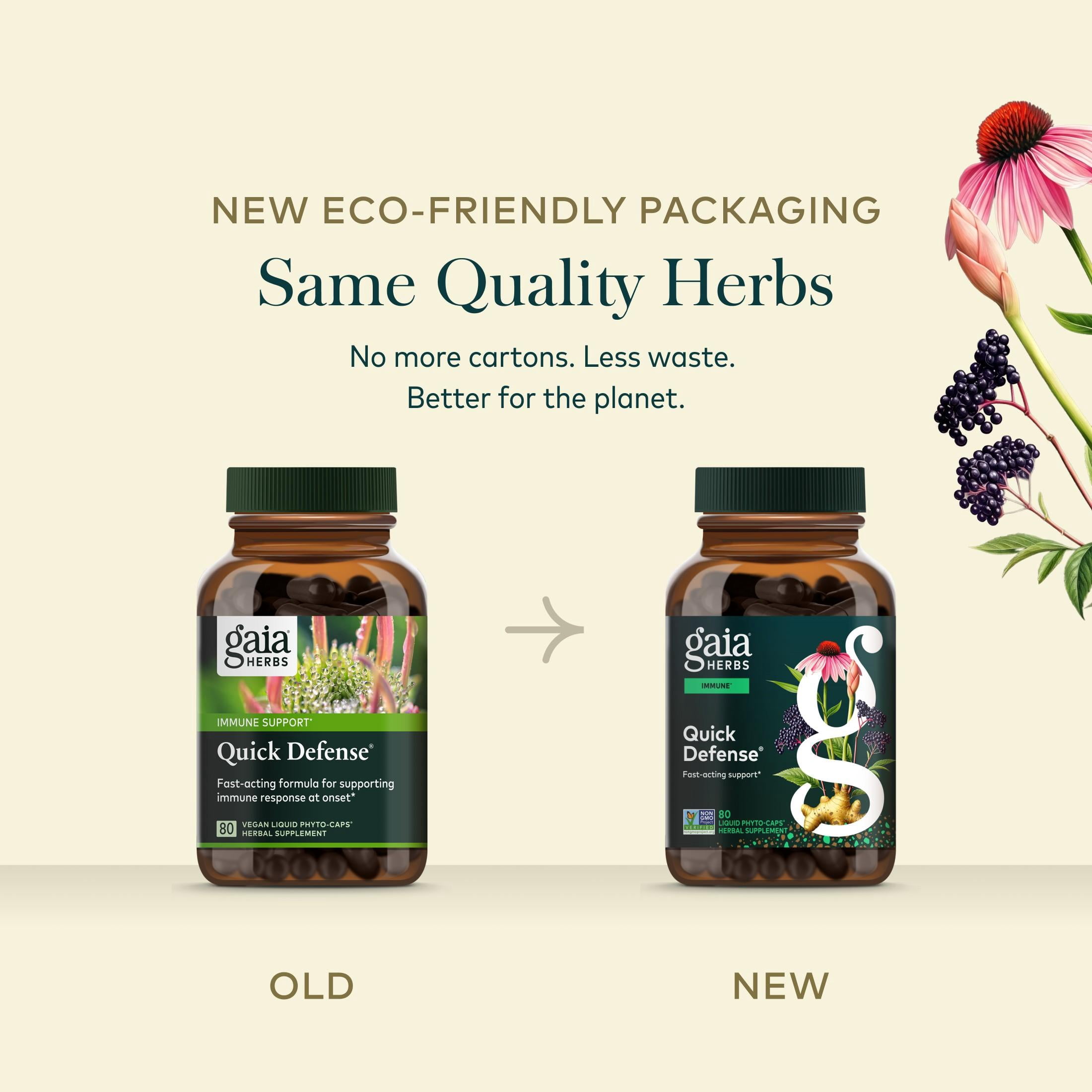 Gaia Herbs Quick Defense - Fast-Acting Immune Support Supplement* - Echinacea, Black Elderberry, Ginger & Andrographis - 80 Vegan Liquid Phyto-Caps (40 Servings)