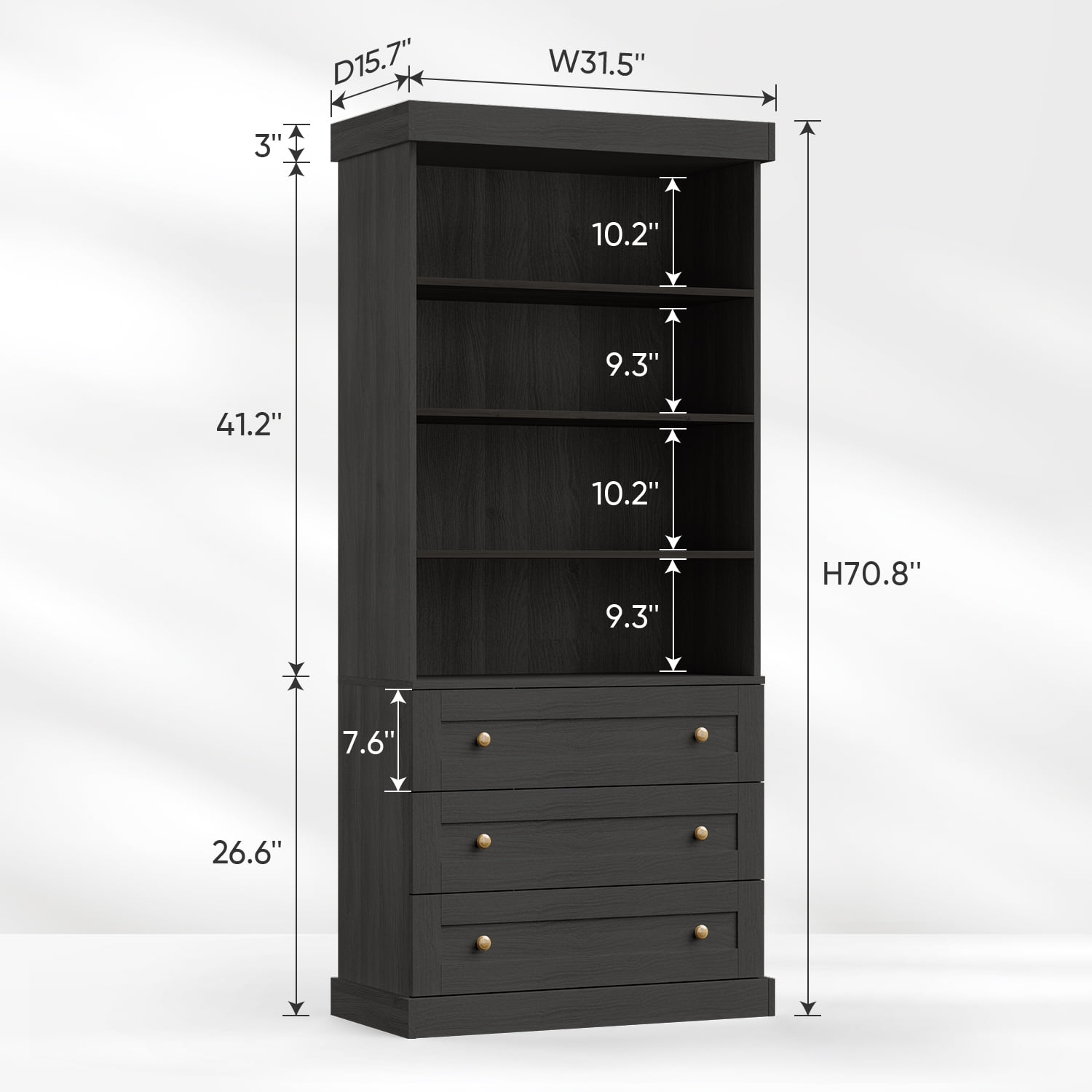 71"Tall Kitchen Pantry Storage Cabinet, Large Wood Bookcase Adjustable Shelves with 3 Drawers,Black