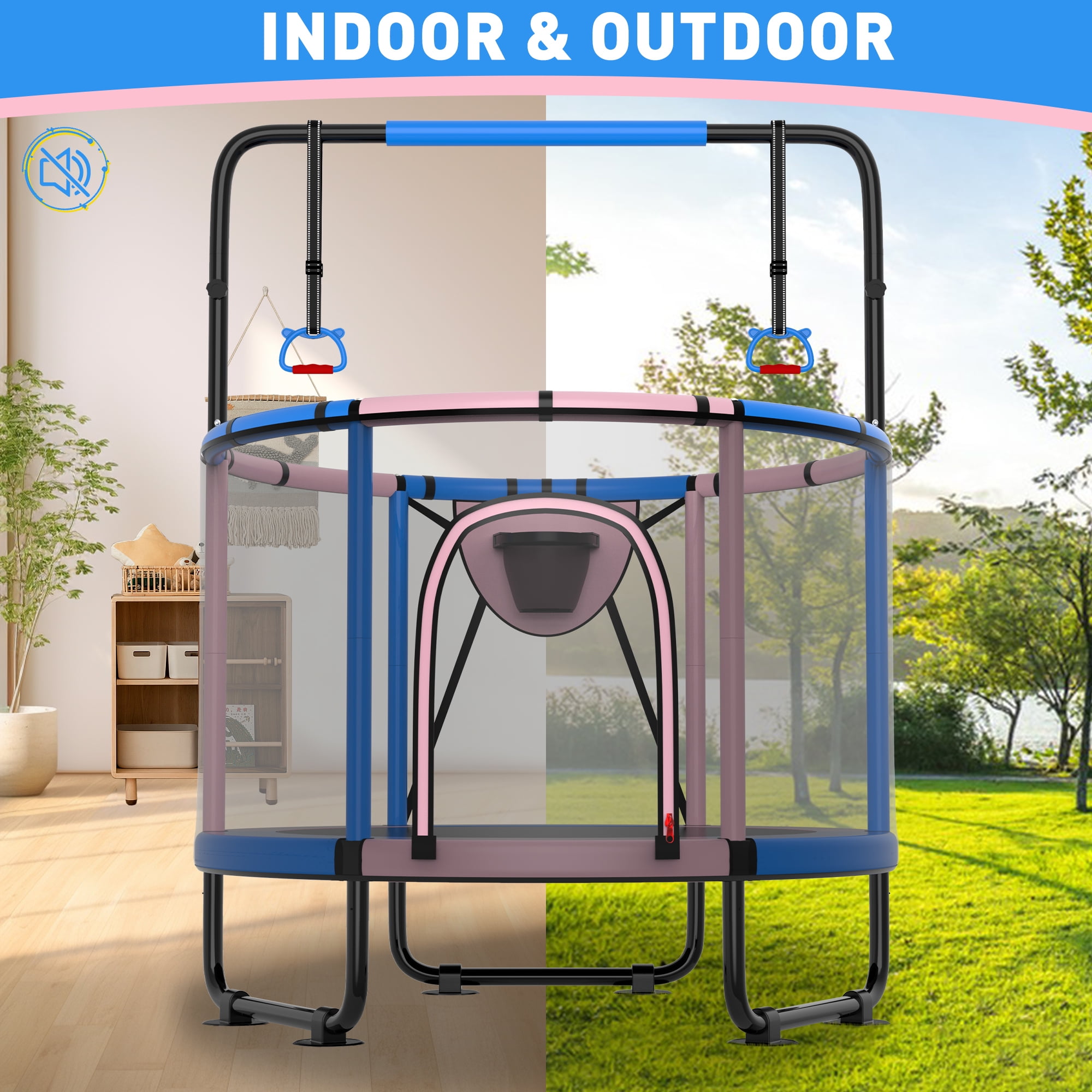 CITYLE Trampoline for Kids 500LBS 4.5FT Toddler Trampoline Indoor Outdoor with Basketball Hoop, Swing, Adjustable Bar, 54'' Mini Small Trampoline with Enclosure, Gifts for Toddlers, Boys & Girls