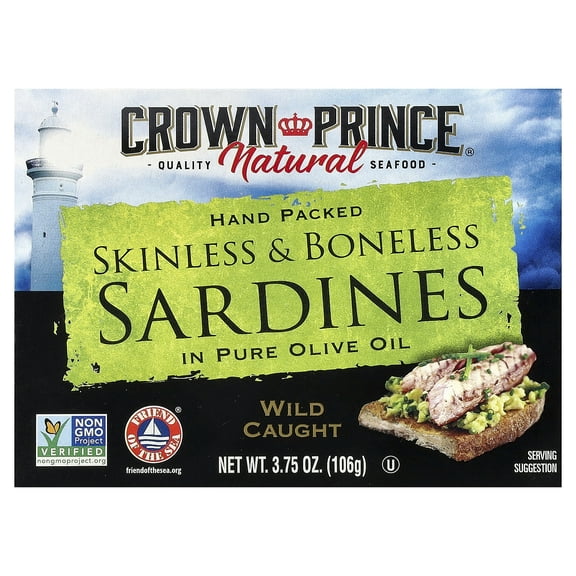 Crown Prince Canned Sardines, Skinless & boneless, in Olive Oil, 3.75 Oz