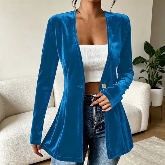 Scyoekwg Blazers for Women Long Sleeve Dressy Casual Velvet Jacket Button Slim Cardigan Coat for Evening Party (Blue,XL)