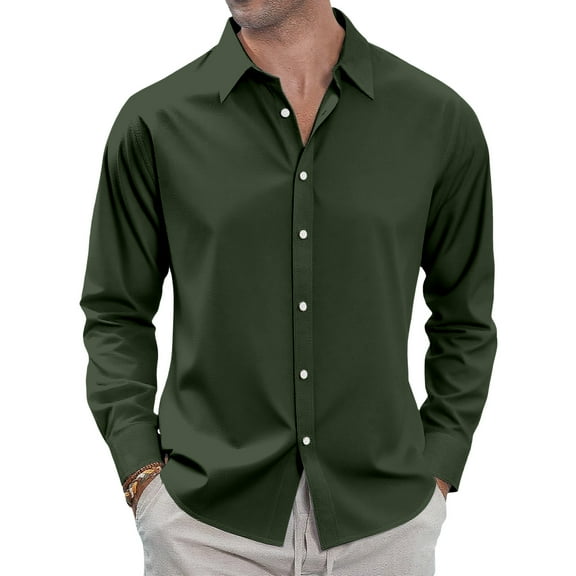 WTOBBY Men's Classic Button-Down Long Sleeve Shirt in Loose Fit, Timeless Design for Casual and Business Casual Occasions and Comfort,Army Green L