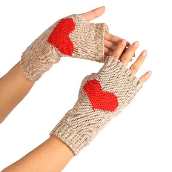 Sales Today Winter Fingerless Gloves GIJNRIUIUA Under $3 Women's Solid Color Heart Pattern Missing Half Finger Warm Knit Gloves Beige Gloves & Mittens