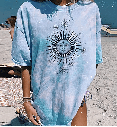 ORT Tops for Women Vintage Sun Moon Short Sleeve Tshirts Funny Graphic Oversized Tees Casual Blouses Tunics Shirts 