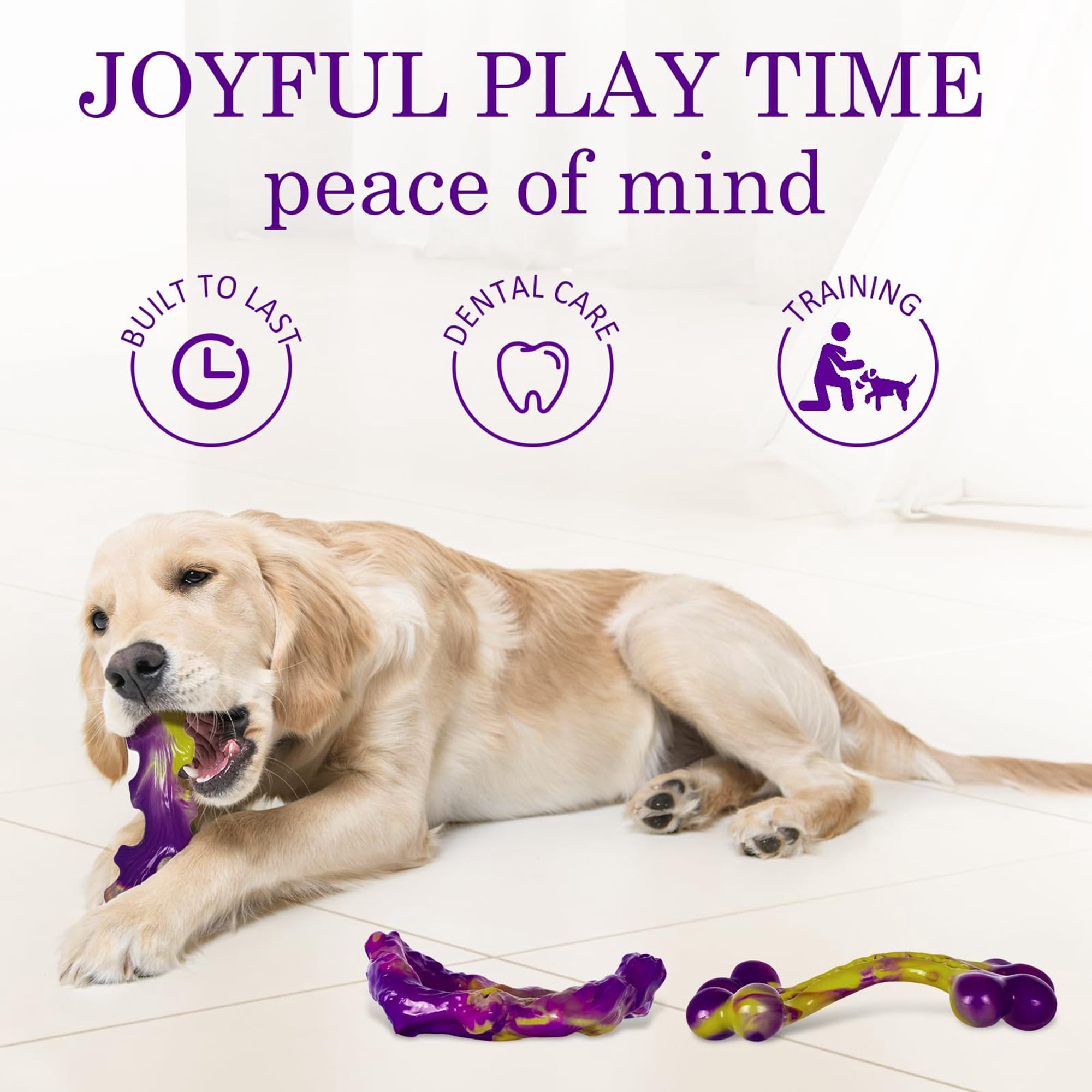 Indestructible dog toys for aggressive chewers, tough chew toys for large dogs 15-100lbs, durable nylon dog bones 3 pack, keeps dogs busy, purple