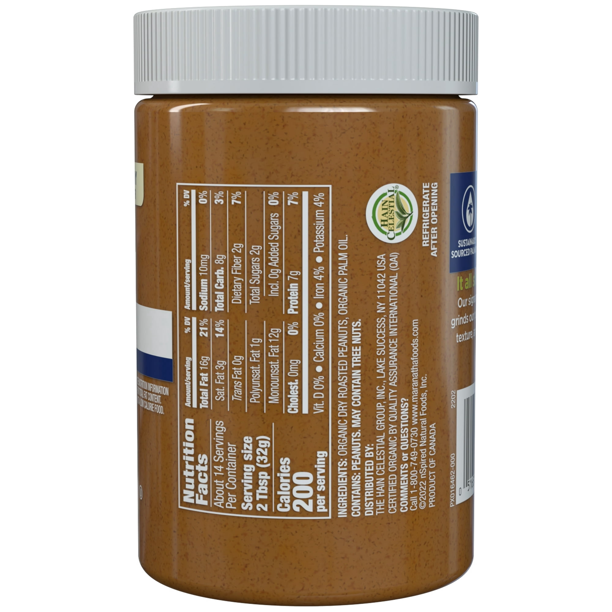 MaraNatha Organic Creamy No Sugar No Salt Peanut Butter Spread, 16 oz