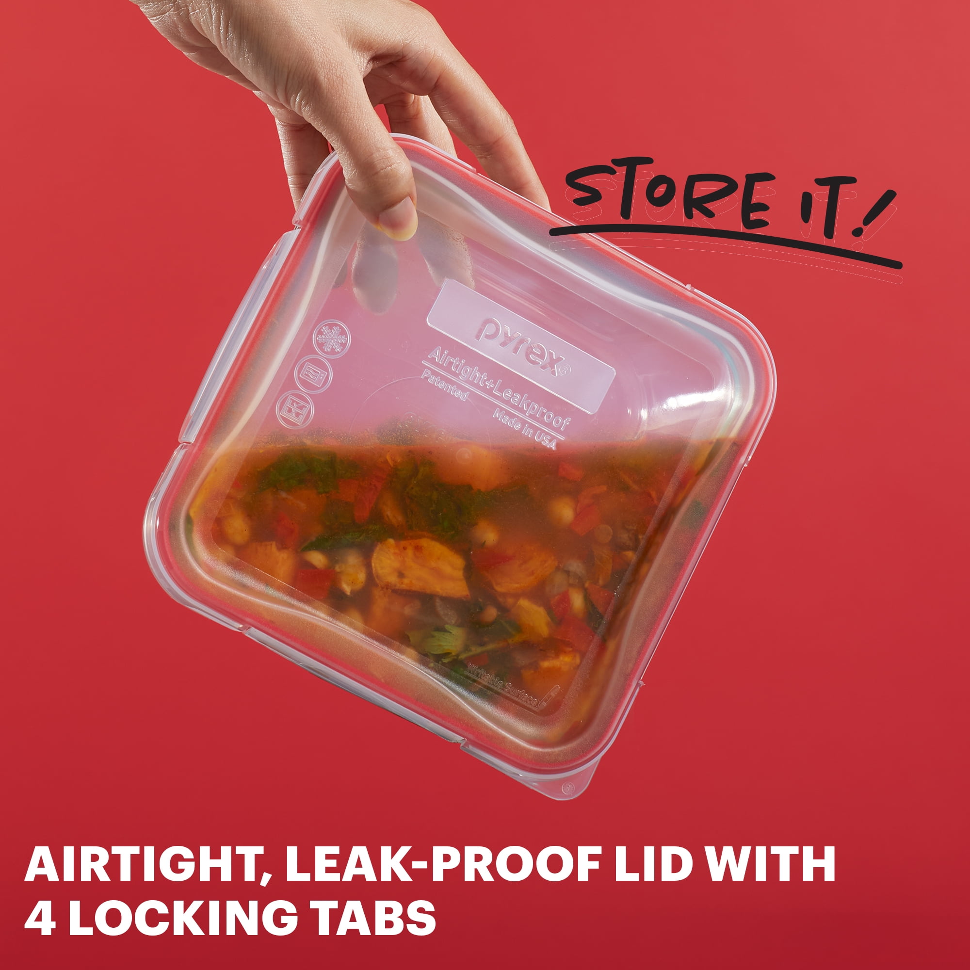 Pyrex Freshlock 4cup Square Glass Food Storage Container with Lid, Ideal Use for Meal Prep and Batch Cooking